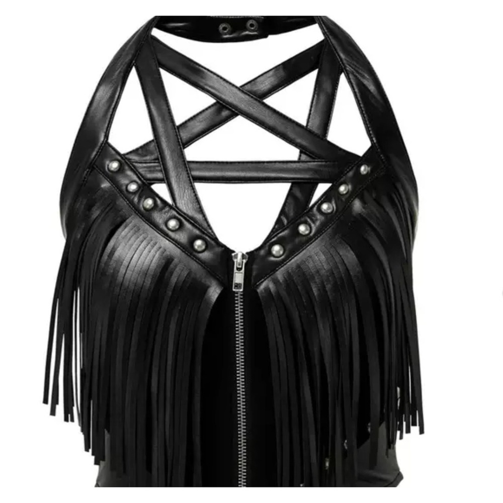 Killstar Black Vegan Leather Fringe Pentagram Halter Top Studded Gothic Medium